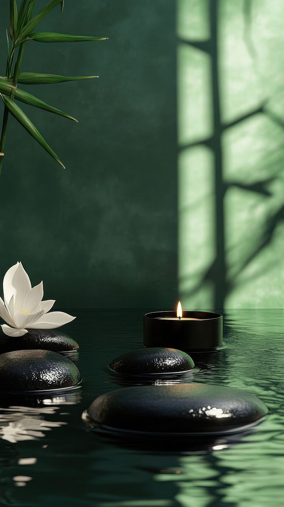 Green spa ambiance with candle, water and stones